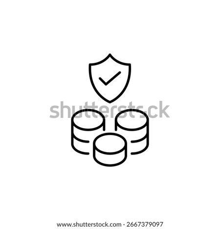 Verified financial security, trusted money protection, secure savings. Investments coins, shield and checkmark. Pixel perfect, editable stroke vector icon