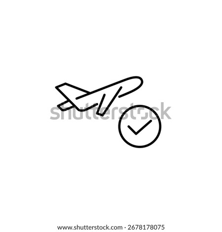 Verified flight safety, trusted airlines. Plane and checkmark. Pixel perfect, editable stroke vector icon