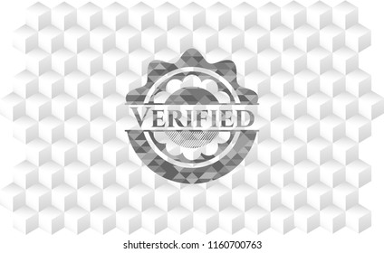 Verified grey emblem with geometric cube white background