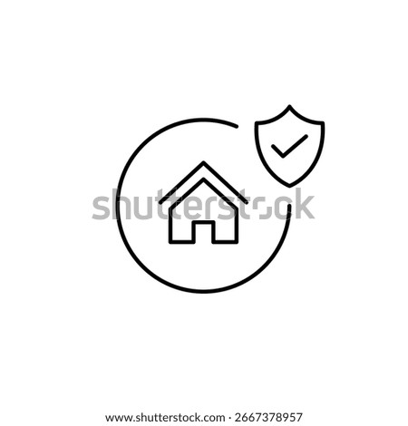 Verified home security, trusted property protection, secure residence, approved housing safety. Shield and checkmark. Pixel perfect, editable stroke vector icon