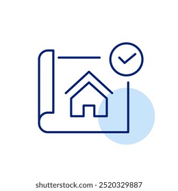 Verified house building plane. Blueprint with checkmark. Pixel perfect, editable stroke icon