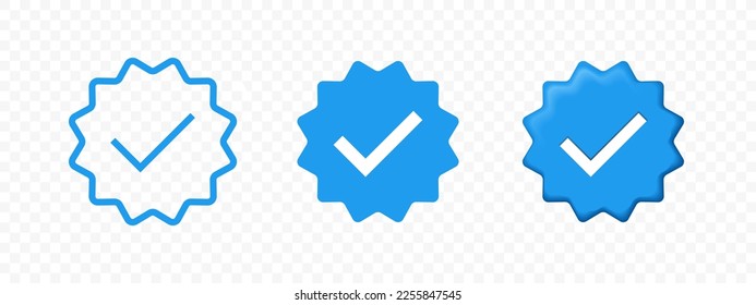 Verified icon badge for account profile, vector check tag marks. Verified blue icons for business account or member login and verification check