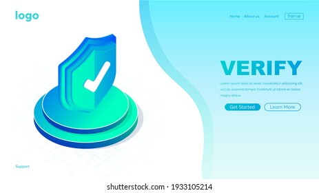 Verified icon in box, loading page website. Approved icon. Check mark. Approved, verified and protected icon. Correct sign. Right mark icon. Isometric vector illustration