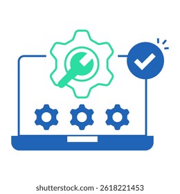 Verified Laptop Maintenance. Laptop with gears and checkmark icon for approved device servicing
