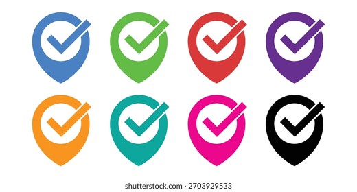 Verified Location Check Mark Pin Icons Set. GPS Success Marker, Address Confirmation, Delivery Completed, and Approved Destination Symbol.