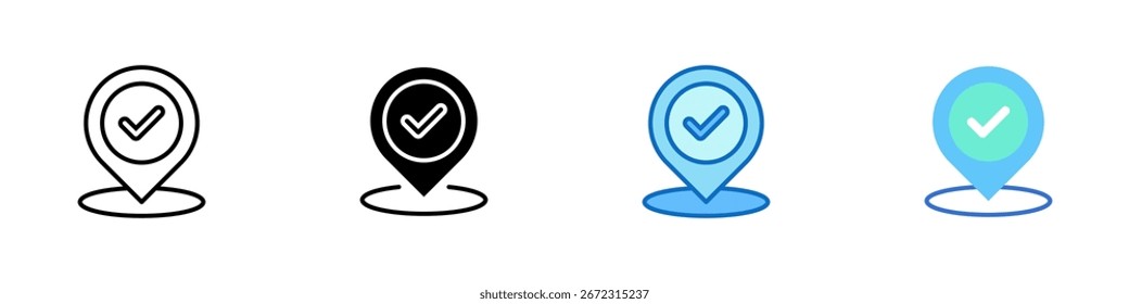 Locación verificada Vector de diseño de hoja de íconos de estilo múltiple - pin de Locación con marca de verificación, que representa la Dirección verificada o el lugar confirmado
