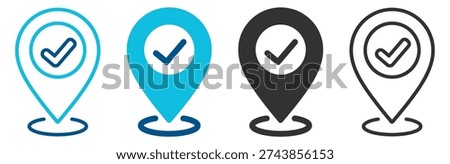 Verified location pin icons set, map marker with check symbol for gps navigation and destination confirmation vector on transparent background
