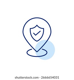 Ubicación verificada, lugar de confianza, destino seguro, Dirección aprobada, área protegida. Puntero de mapa, escudo y marca de verificación. Icono de Vector de trazo perfecto y editable