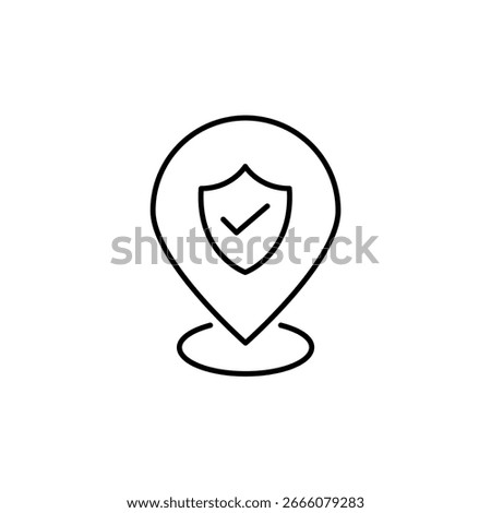 Verified location, trusted place, secure destination, approved address, protected area. Map pointer, shield and checkmark. Pixel perfect, editable stroke vector icon
