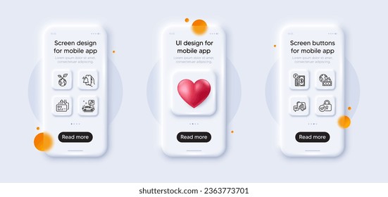 Verified locker, Save planet and Parking payment line icons pack. 3d phone mockups with heart. Glass smartphone screen. Global business, Alarm clock, Card web icon. Vector