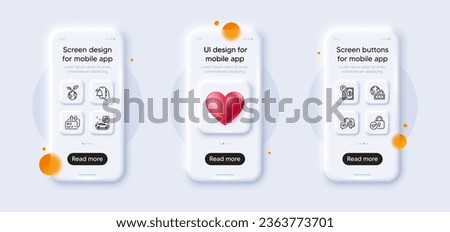 Verified locker, Save planet and Parking payment line icons pack. 3d phone mockups with heart. Glass smartphone screen. Global business, Alarm clock, Card web icon. Vector