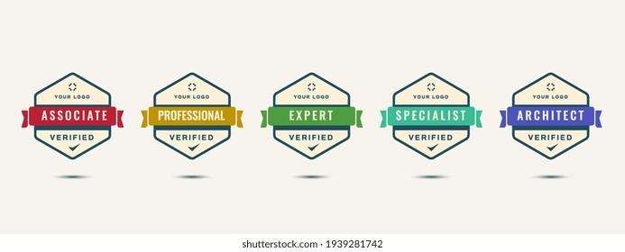 Verified logo badge design template. Set of company business training badge certificates to determine based on criteria. Vector illustration certified logo design.