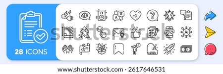 Verified mail, Approved report and Survey checklist line icons. Interest rate, AI generate, Inflation icons. Pack of Agent, Payment, Speakers icon. Piano, Clipboard, Electricity plug pictogram. Vector