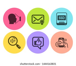 Verified mail, Face id and Search text icons simple set. Like, Ssd and Share call signs. Confirmed e-mail, Identification system. Technology set. Flat verified mail icon. Circle button. Vector