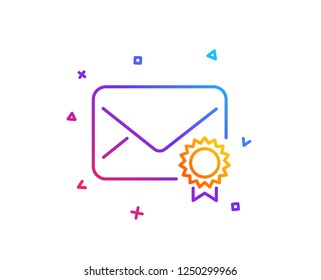 Verified Mail line icon. Confirmed Message correspondence sign. E-mail symbol. Gradient line button. Verified Mail icon design. Colorful geometric shapes. Vector