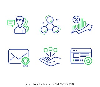 Verified mail, Loan percent and People line icons set. Chemistry molecule, Consolidation and Favorite signs. Confirmed e-mail, Growth chart, Support job. Laboratory atom. Business set. Vector