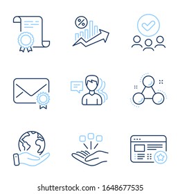Verified mail, Loan percent and People line icons set. Diploma certificate, save planet, group of people. Chemistry molecule, Consolidation and Favorite signs. Vector