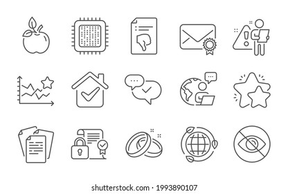 Verified mail, Not looking and Ranking stars line icons set. Eco food, Eco energy and Documents signs. Wedding rings, Cpu processor and Approved symbols. Line icons set. Vector