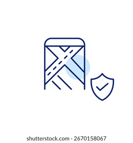Mapa verificado, navegação confiável, rota segura, dados de localização aprovados. Telefone, mapa, escudo e marca de seleção. Pixel perfeito, ícone de vetor de traçado editável