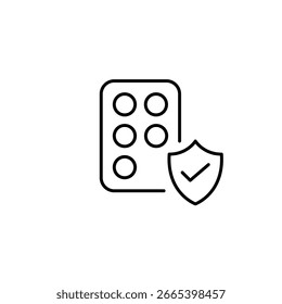 Verified medication safety, trusted pharmaceuticals, secure drug use. Pills, shield and checkmark. Pixel perfect, editable stroke vector icon