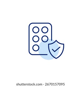 Verificada a segurança dos medicamentos, produtos farmacêuticos confiáveis, uso seguro de medicamentos. Pílulas, escudo e marca de seleção. Pixel perfeito, ícone de vetor de traçado editável