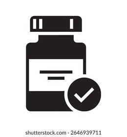Ícone de medicamento verificado com uma marca de seleção para o tratamento de medicamentos aprovado Um símbolo de glifo para um medicamento autêntico certificado e seguro de uma farmácia de qualidade