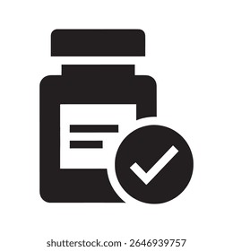 Ícone de medicamento verificado com uma marca de seleção para o tratamento de medicamentos aprovado Um símbolo de glifo para um medicamento autêntico certificado e seguro de uma farmácia de qualidade
