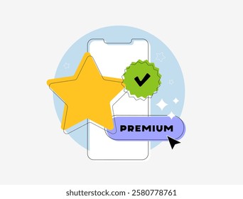 Verified mobile messenger profile with star icon symbolizes achievements and top ratings. Premium messenger account highlights exclusivity, paid features and trusted communication vector illustration