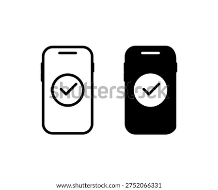Verified mobile phone with checkmark icon vector illustration. Secure access, identity confirmation, account security, digital authentication, mobile app UI, user trust indicators. No touch payment