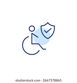Asistencia de movilidad verificada, protección de usuario de silla de ruedas de confianza, accesibilidad segura. Escudo y marca de verificación. Icono de Vector de trazo perfecto y editable