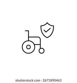 Asistencia de movilidad verificada, protección de usuario de silla de ruedas de confianza, accesibilidad segura. Silla de ruedas, escudo y marca de verificación. Icono de Vector de trazo perfecto y editable