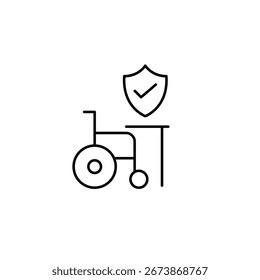 Verified mobility support, trusted wheelchair user protection, secure accessibility for a workspace. Shield and checkmark. Pixel perfect, editable stroke vector icon