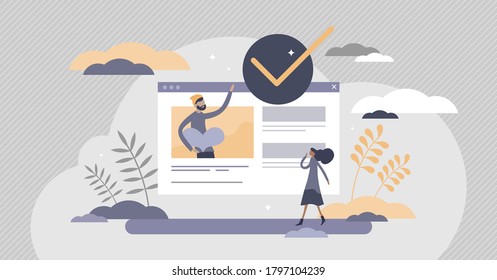 Verified personality with confirmation in social media tiny persons concept. Correct validation and profile inspection vector illustration. Approval control and positive authorization process scene.