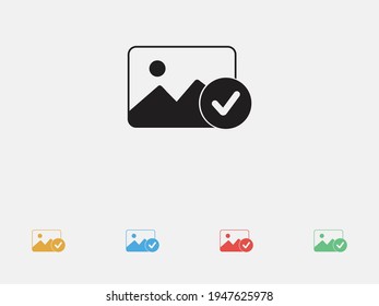 Verified photo icon. Vector illustration icon. Photo accepted, approve vector icon. Picture with tick icon. Agreement photo image symbol. Set of colorful flat design icons