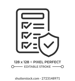 Verified policies pixel perfect line icon. Regulation compliance, privacy protection. Secure documentation. Isolated vector illustration. Outline symbol. Simple linear drawing. Editable stroke