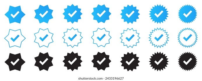 Conjunto de insignias de perfil verificado. Marca azul. Iconos de verificación de cuenta de medios sociales. Marca de verificación aprobada con símbolo de marca.