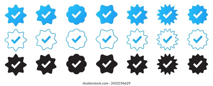 Verified profile badge set. Blue check mark. Social media account verification icons. Approved check mark with tick simbol.