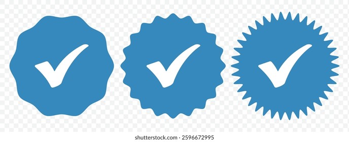 Verified profile badge set. Blue check mark. Social media account verification icons. Approved check mark with tick symbol.