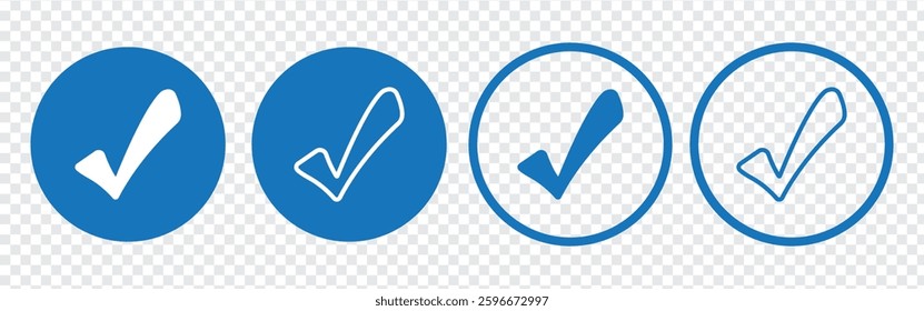 Verified profile badge set. Blue check mark. Social media account verification icons. Approved check mark with tick symbol.