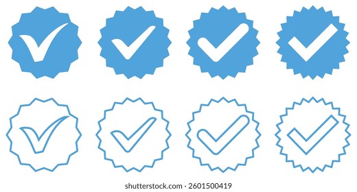 Verified profile badge set. Blue check mark. Social media account verification icons. Approved check mark with tick Symbol.