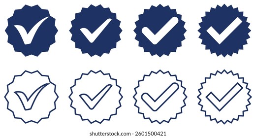 Verified profile badge set. Blue check mark. Social media account verification icons. Approved check mark with tick Symbol.