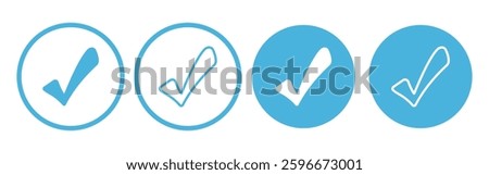 Verified profile badge set. Blue check mark. Social media account verification icons. Approved check mark with tick symbol.
