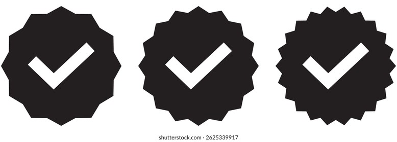 Verifizierter Profil-Badge-Satz. Markierung. Symbole für die Überprüfung von Social Media-Konten. Zugelassenes Häkchen mit Häkchen. 