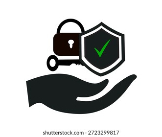 conceito de proteção verificado com escudo e marca de seleção acima ícone da mão. símbolo vetor minimalista plano representando segurança, confiança, seguro, aprovação e segurança para negócios, finanças, tecnologia e serviços digitais.