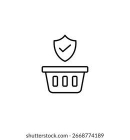 Seguridad de compra verificada, protección de compras de confianza, Completar compra seguro, transacción aprobada. Cesta de la compra, escudo y marca de verificación. Icono de Vector de trazo perfecto y editable