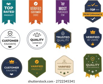 Conjunto de insignias y etiquetas de calidad verificada: Cliente favorito, mejor calificado, iconos vectoriales de rendimiento confiable