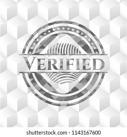 Verified realistic grey emblem with cube white background