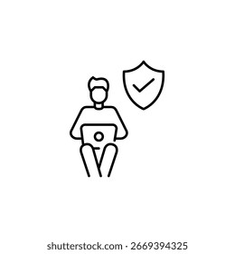 Verifizierte Remote-Arbeit, zuverlässige Online-Studie, sicherer digitaler Arbeitsplatz. Geschützte Daten. Mann am Laptop. Pixel perfekt, bearbeitbares Strichvektorsymbol