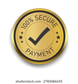 Verified secure payment badge with luxury golden seal effect, trusted transaction emblem and premium protection design. Gold payment security label with check mark icon, online trust branding element
