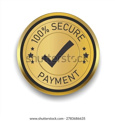 Verified secure payment badge with luxury golden seal effect, trusted transaction emblem and premium protection design. Gold payment security label with check mark icon, online trust branding element
